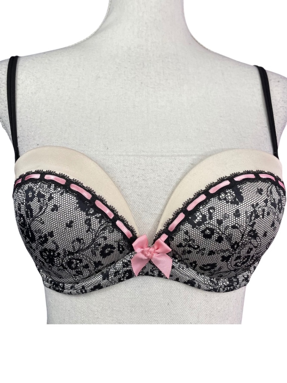 Victoria's Secret Very Sexy Bra 34B Strapless Floral Lace Ribbon Bow Black Pink